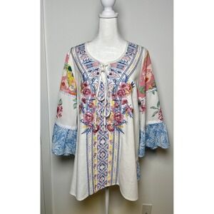 Calessa Women's Large Boho Embroidered Cotton Tunic Top Bell Sleeve Patchwork